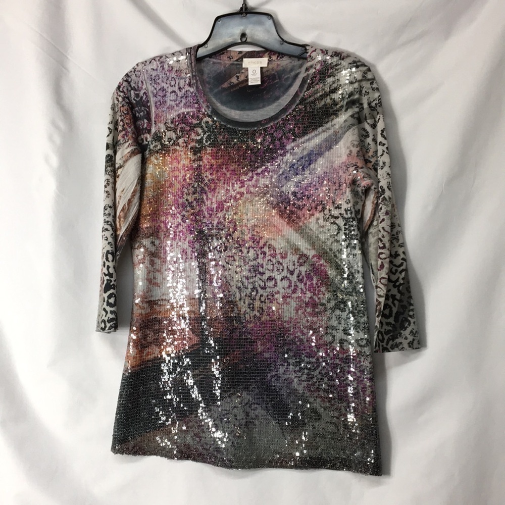 Chicos Women’s Distressed Sequins Top Size 0 Like-NEW Condition